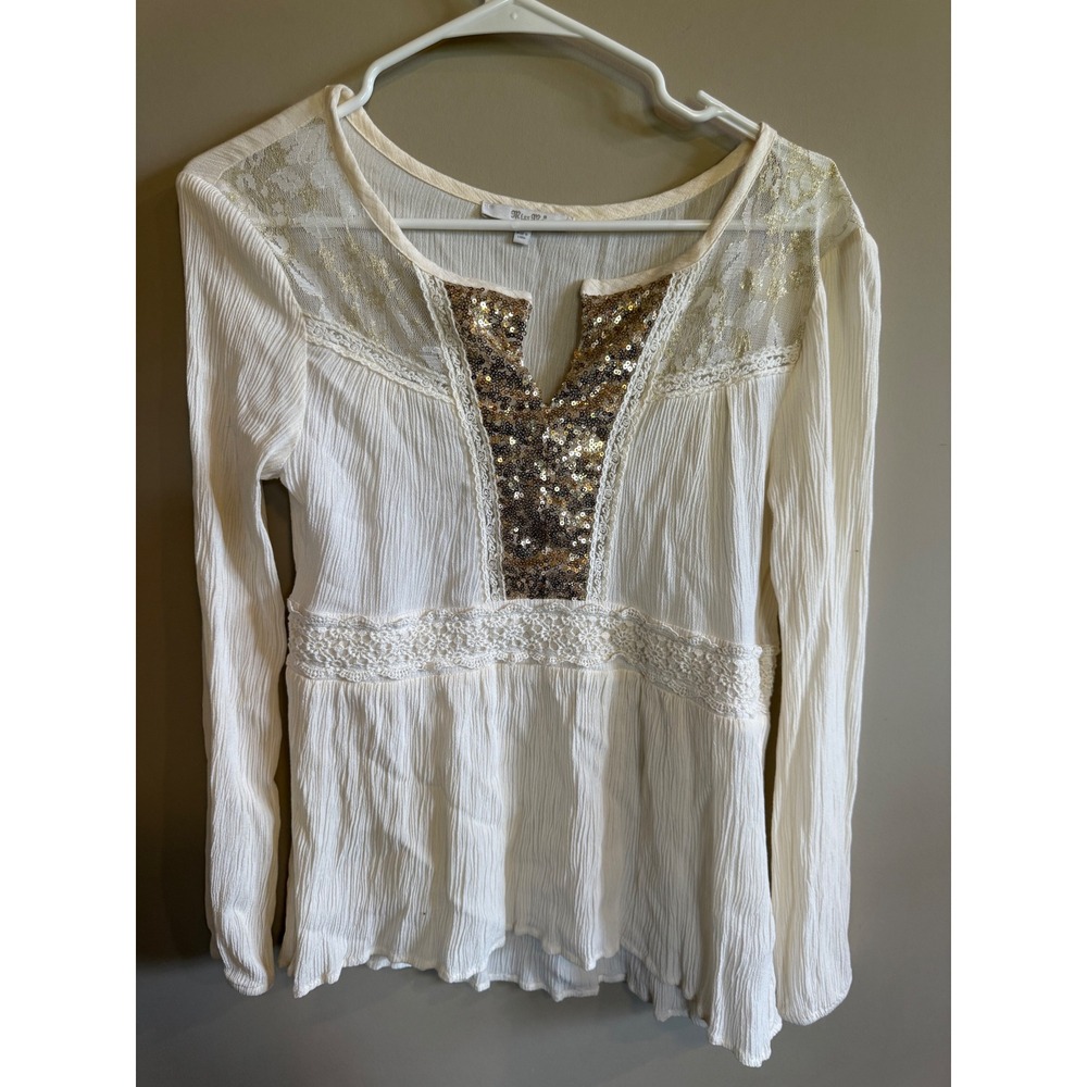 Miss Me Women's White Long Sleeve Sequin Lace Boho Peasant Tunic Top M